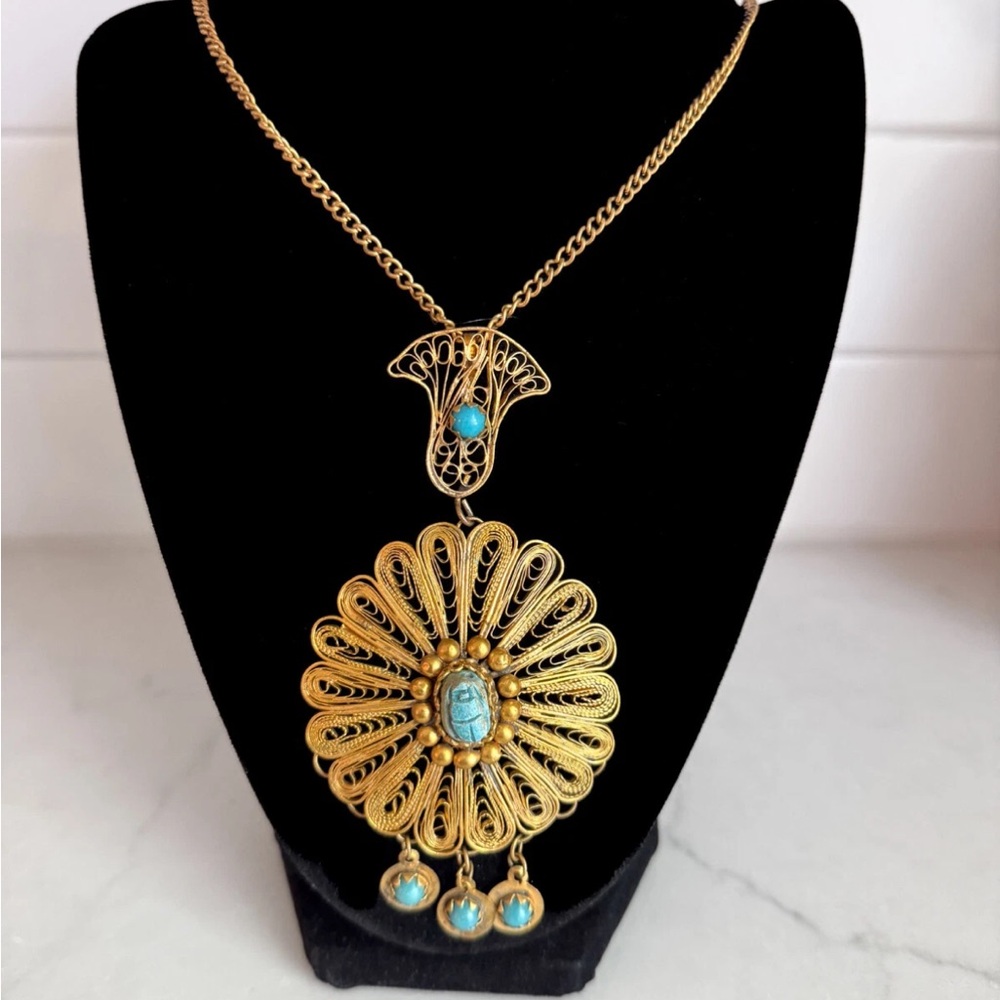 Vintage 1960's EGYPTIAN REVIVAL 28" NECKLACE Filigree Carved Stone Scarab Lotus